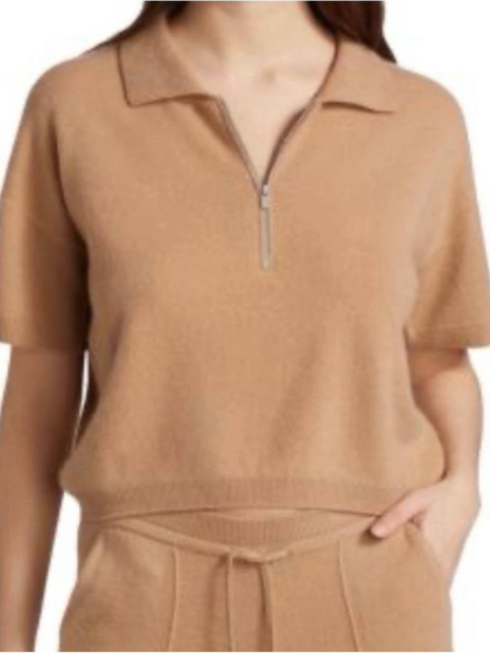 Naadam Cropped Zip Cashmere Polo Sweater Tee in Camel. Size S